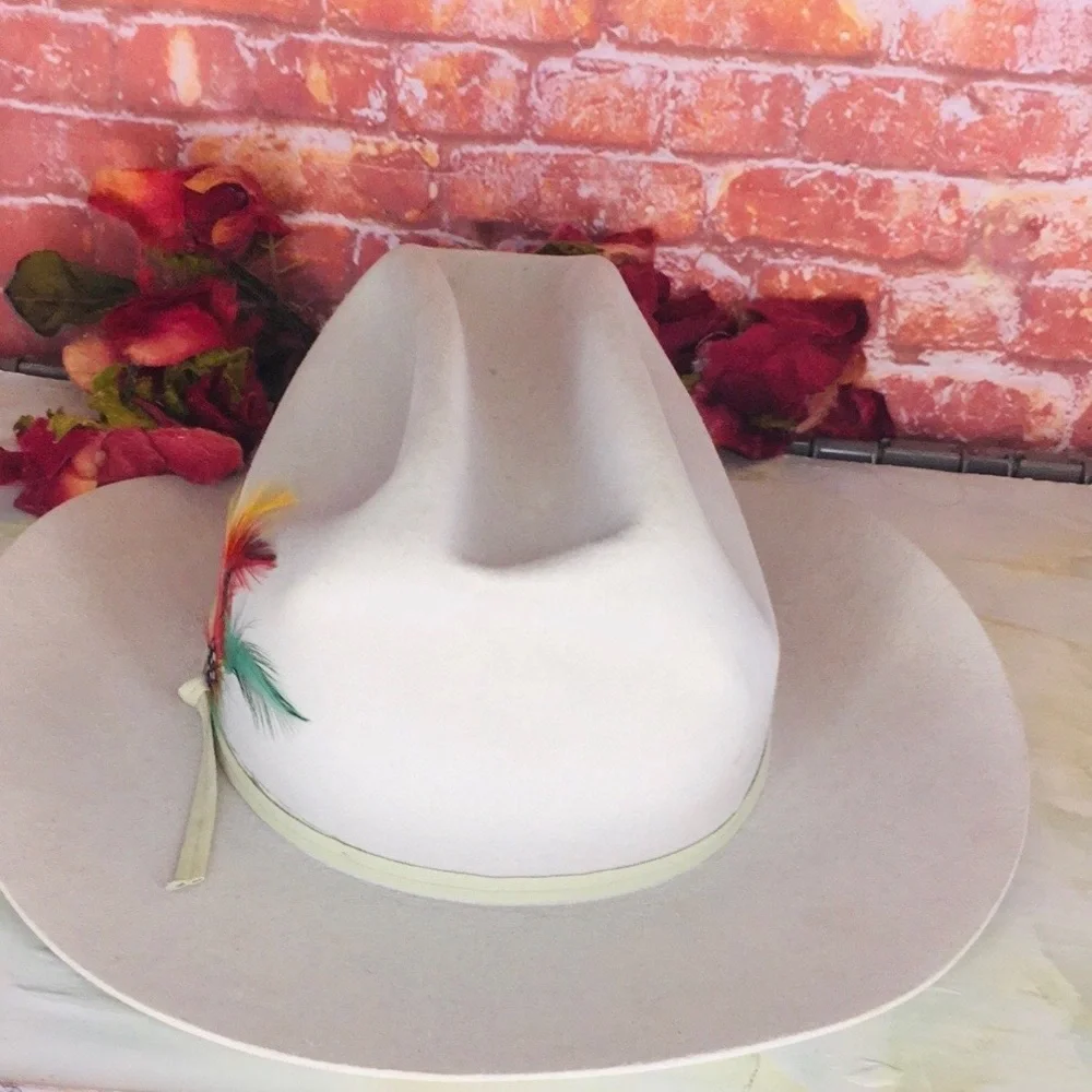 Vintage Off White Feather Accent Wool Felt  Rancher Hat